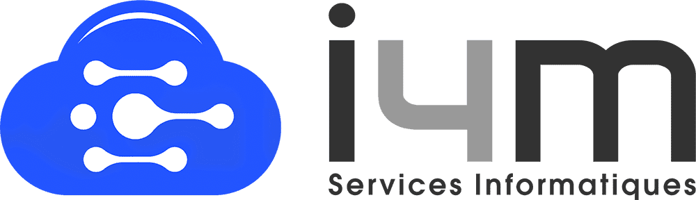 Logo d'i4m Services Informatiques avec un nuage bleu et lignes blanches à gauche du nom en gris.