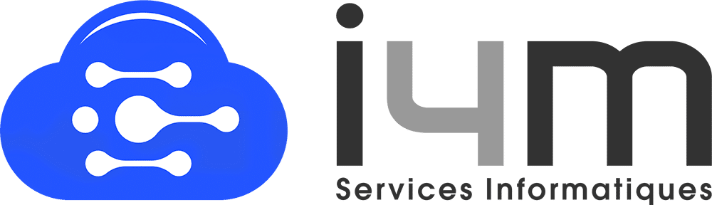 Logo d'une entreprise de services informatiques avec un graphisme représentant un nuage bleu accompagné de l'acronyme "i4M" en gris et l'inscription "Services Informatiques" en dessous, également en gris.